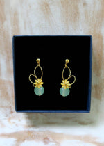 boucles d'oreilles fleur nacre jaune et jade vert dans un ecrin