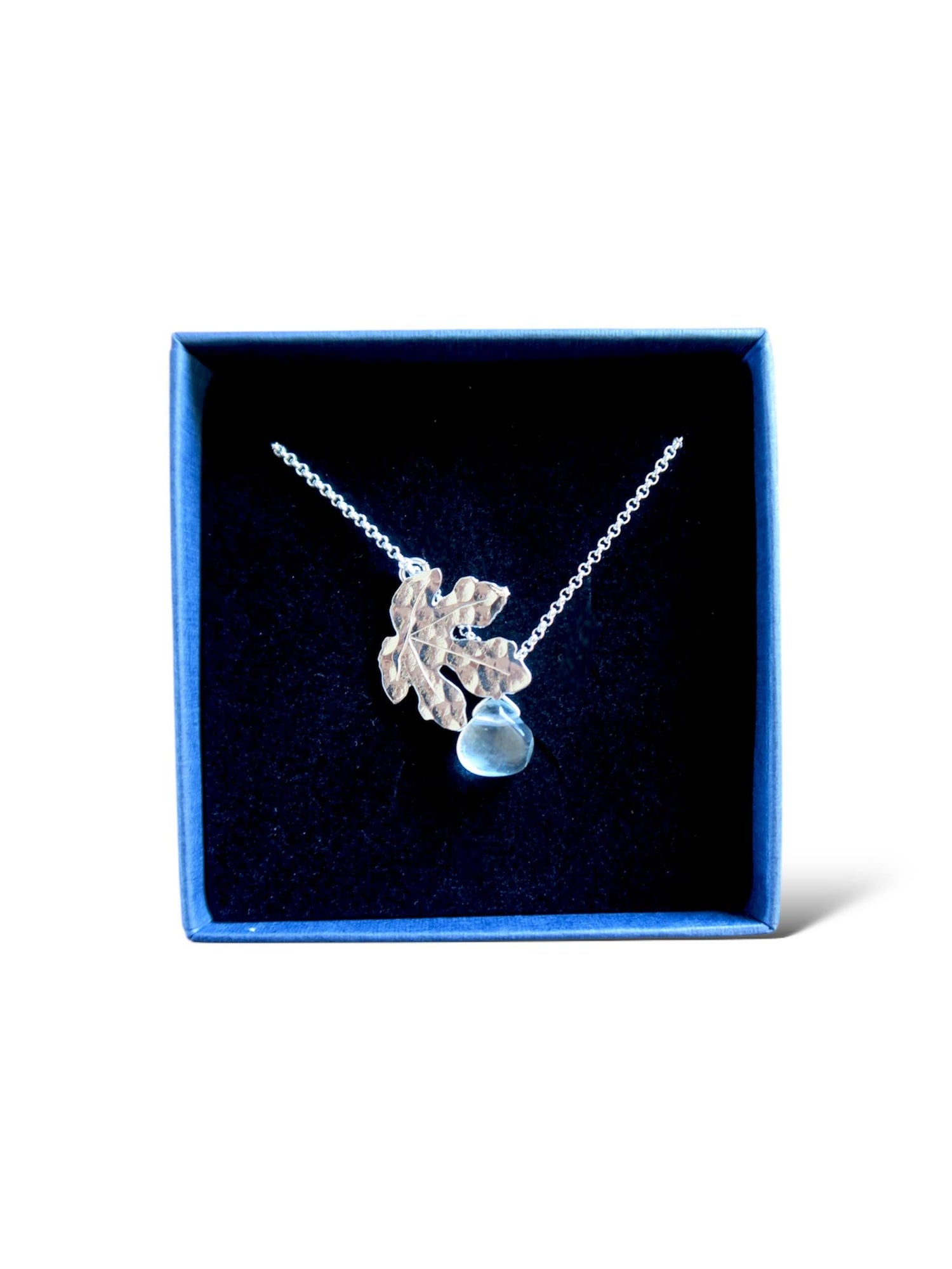 collier féminin célébrant la nature en représentant une feuille de figuier argenté dans un écrin
