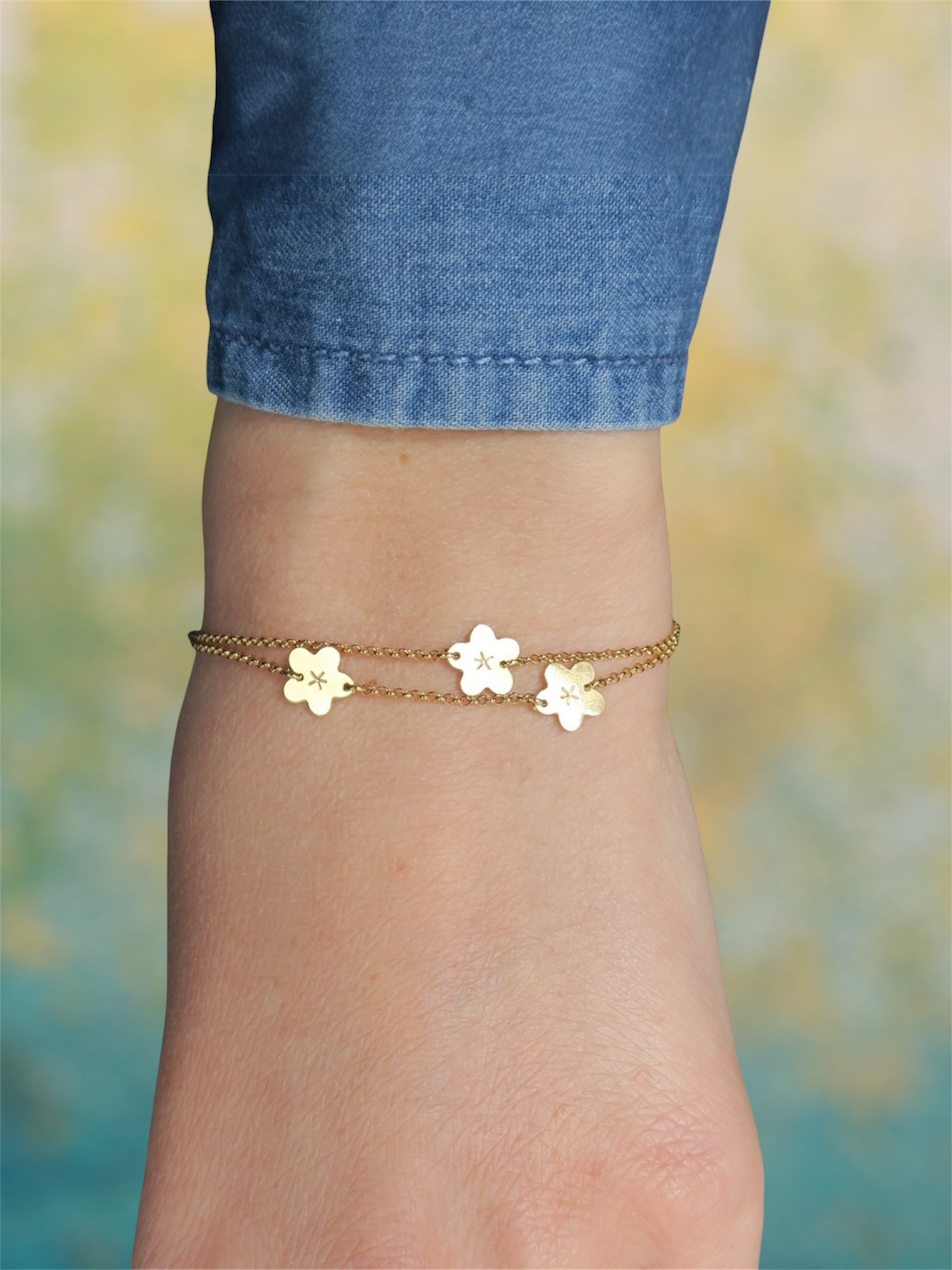 bracelet fleurs double chaine doré