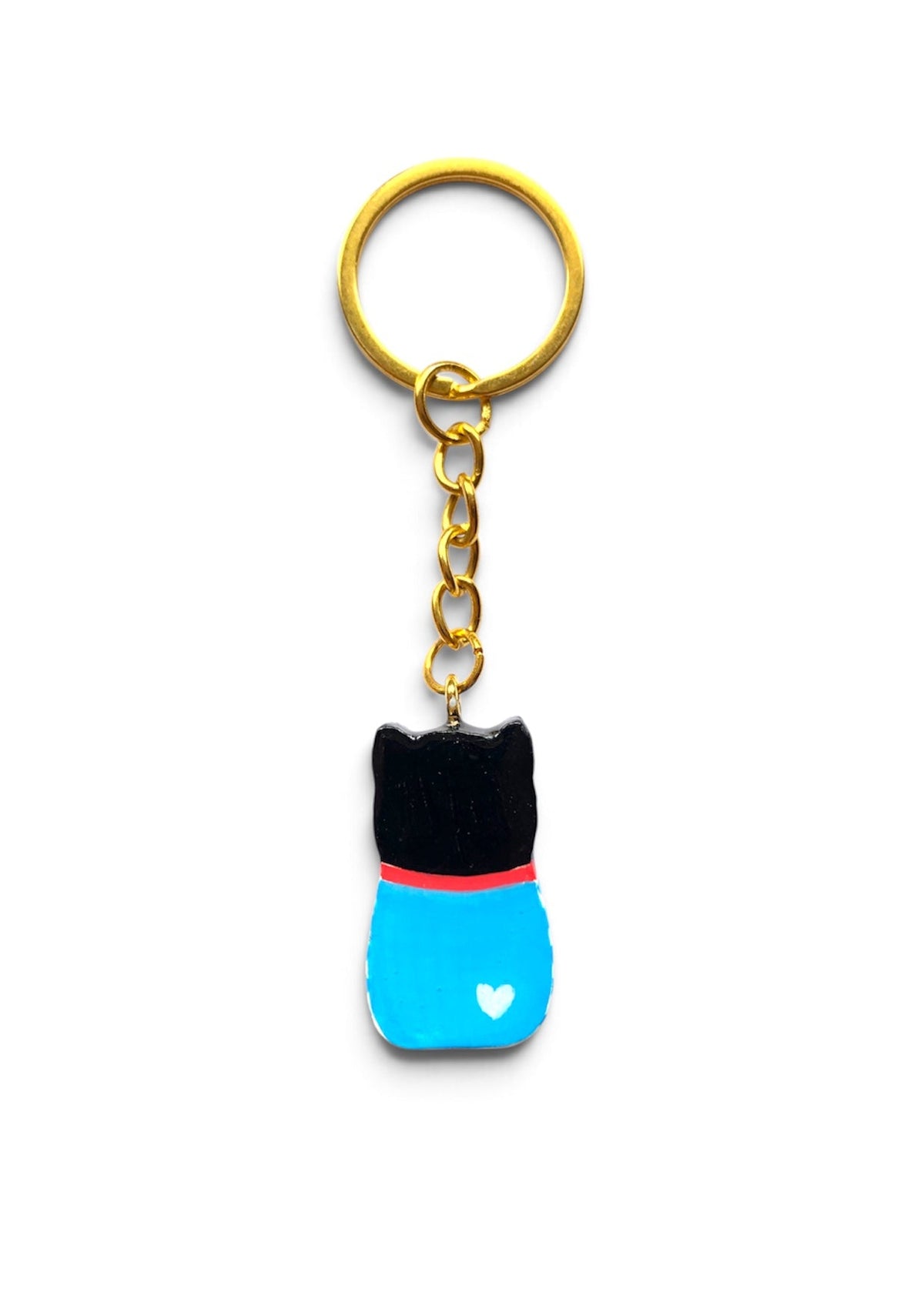 Porte-clé Lucky Rolie Cat Gabin — petit chat noir porte bonheur en marinière bleue et foulard rouge, modelé et peint à la main en argile, fini à la résine UV. Fait main au Cap Sizun.